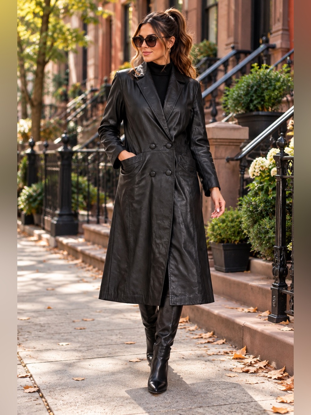 Sartori Vintage Black Genuine Leather Long Double Breasted Trench Coat Jacket L